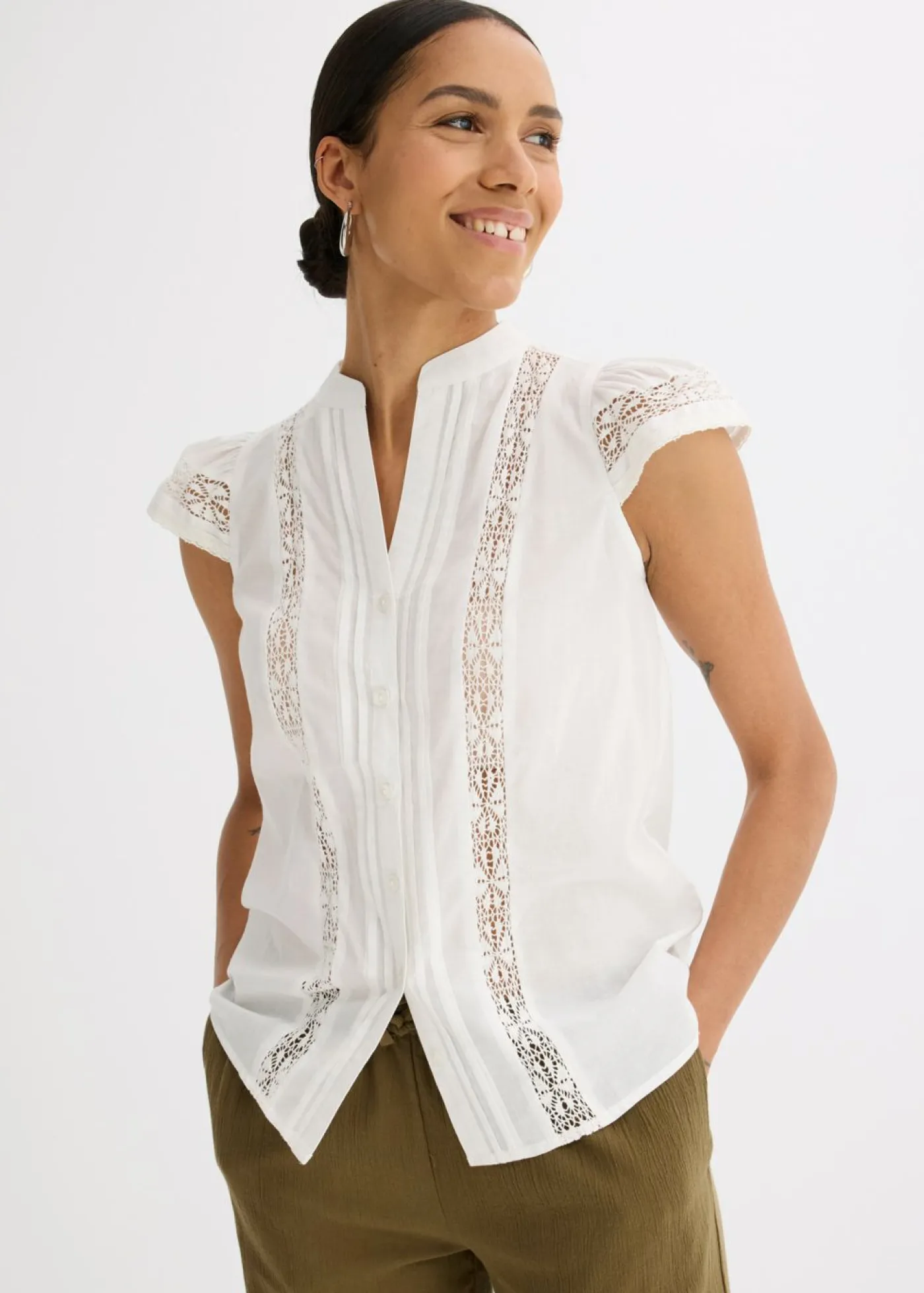 bonprix bonprix Blusa sin mangas de algodón puro con bordado calado Blanco lana
