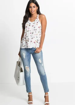 bonprix bonprix Blusa sin mangas de viscosa pura Blanco estampado Sale