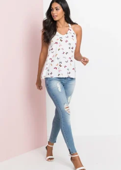 bonprix bonprix Blusa sin mangas de viscosa pura Blanco estampado Sale