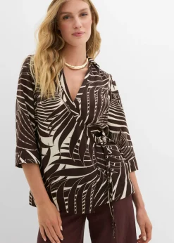 bonprix bonprix Blusa tipo kimono con aspecto de lino crudo-marrón oscuro Discount