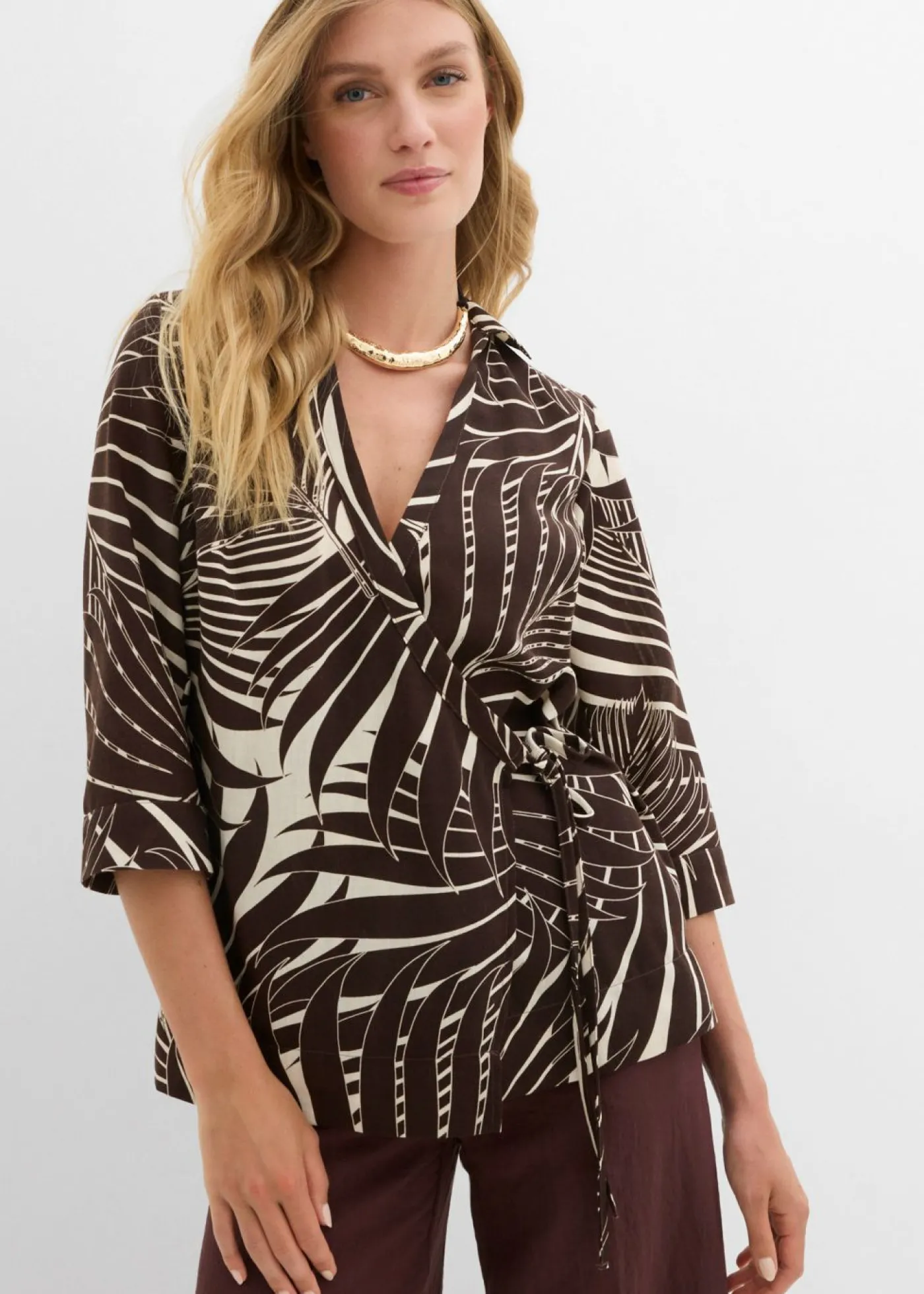 bonprix bonprix Blusa tipo kimono con aspecto de lino crudo-marrón oscuro Discount