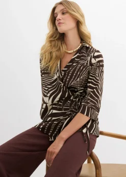 bonprix bonprix Blusa tipo kimono con aspecto de lino crudo-marrón oscuro Discount