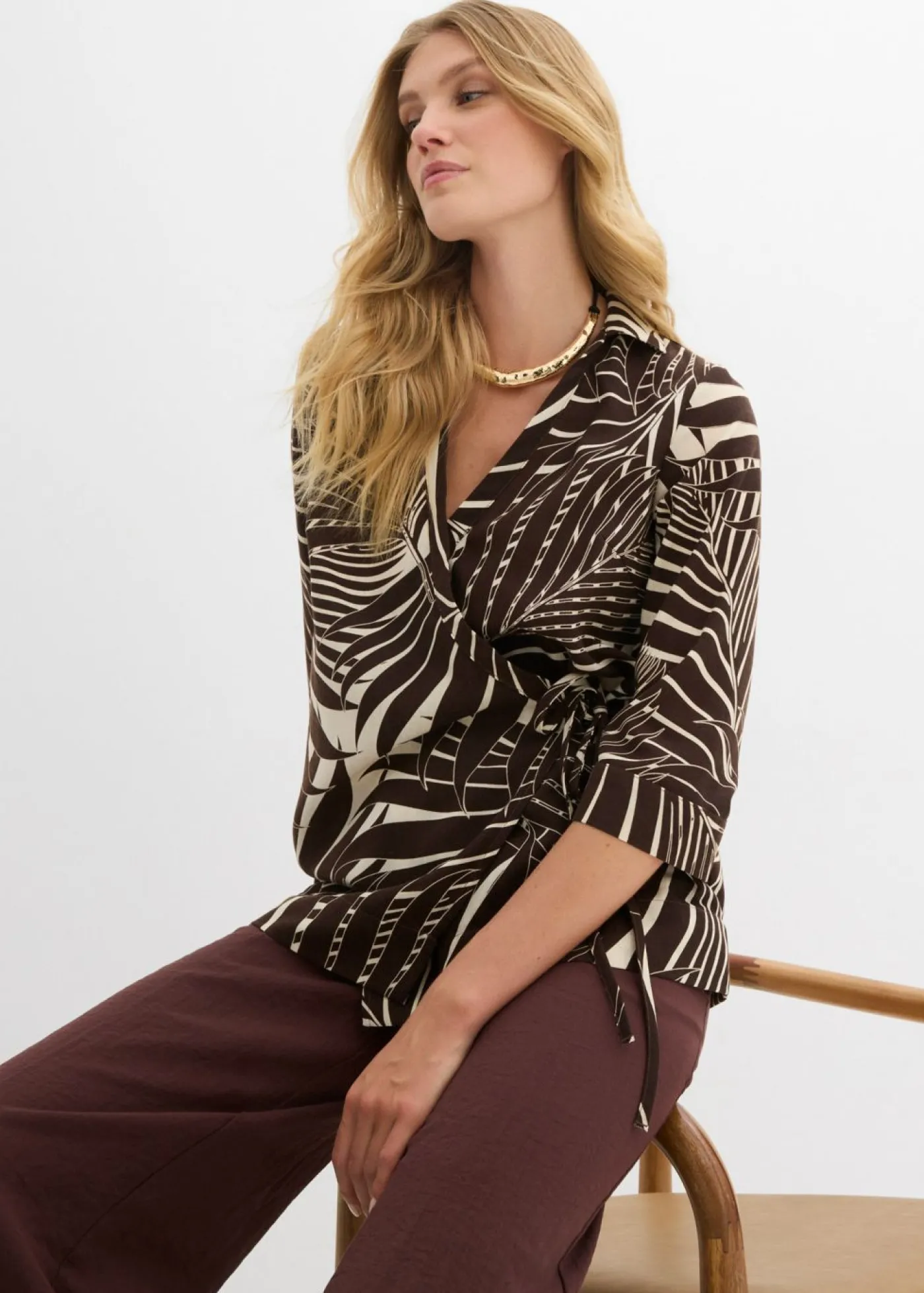 bonprix bonprix Blusa tipo kimono con aspecto de lino crudo-marrón oscuro Discount