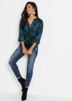 bonprix bonprix Blusa tipo túnica con ligero crepé Negro/azul petróleo de flores