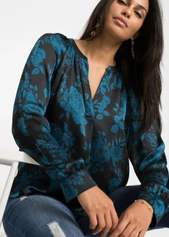 bonprix bonprix Blusa tipo túnica con ligero crepé Negro/azul petróleo de flores