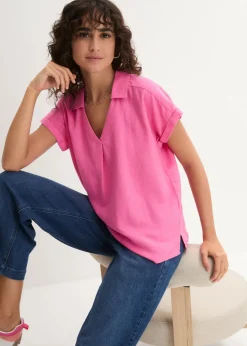 bonprix bonprix Blusa tipo túnica de mezcla de lino vaporosa Rosa flamenco Hot