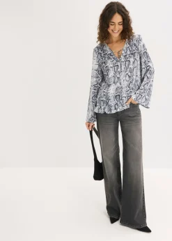 bonprix bonprix Blusa tipo túnica de satén vaporoso Negro-blanco con estampado de serpiente Outlet