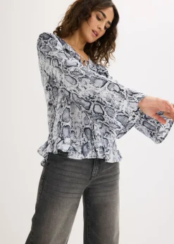 bonprix bonprix Blusa tipo túnica de satén vaporoso Negro-blanco con estampado de serpiente Outlet