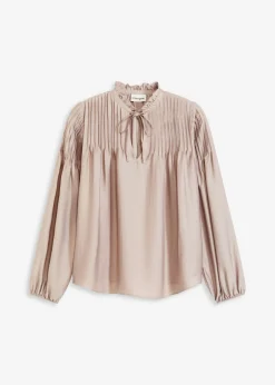 bonprix bonprix Blusa tipo túnica de satén brillante con ribetes Piedra Discount
