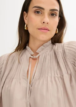 bonprix bonprix Blusa tipo túnica de satén brillante con ribetes Piedra Discount