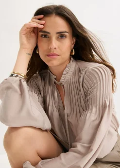 bonprix bonprix Blusa tipo túnica de satén brillante con ribetes Piedra Discount