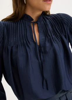 bonprix bonprix Blusa tipo túnica de satén brillante con ribetes Azul marino Outlet