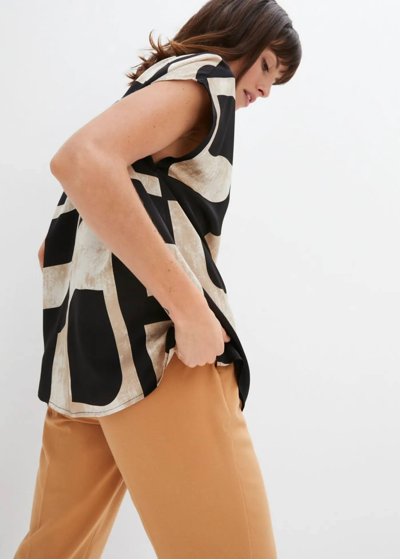 bonprix bonprix Blusa tipo túnica de staén negro/gris guijarro/beige-kaki Best