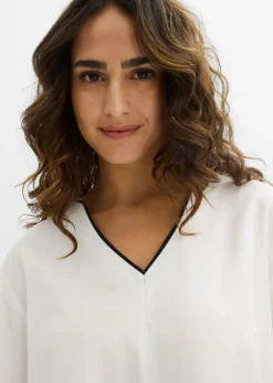 bonprix bonprix Blusa tipo túnica de viscosa fluida Blanco lana-negro Sale
