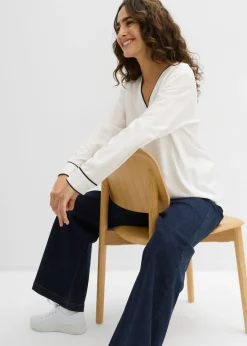 bonprix bonprix Blusa tipo túnica de viscosa fluida Blanco lana-negro Sale