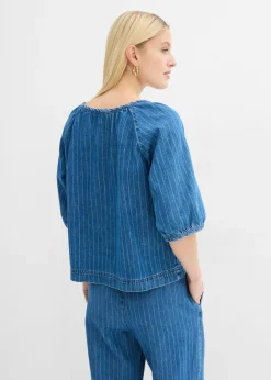 bonprix bonprix Blusa tipo túnica, vaquera, de algodón azul piedra con rayas Sale