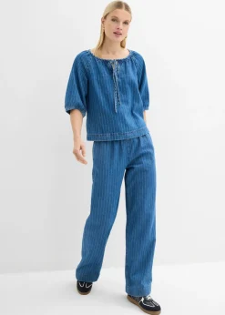 bonprix bonprix Blusa tipo túnica, vaquera, de algodón azul piedra con rayas Sale