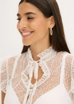bonprix bonprix Blusa tirolesa de tul delicado con estampado de lunares Blanco Sale
