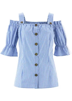 bonprix bonprix Blusa tradicional con media manga Azul claro-blanco de cuadros New