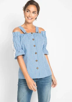 bonprix bonprix Blusa tradicional con media manga Azul claro-blanco de cuadros New