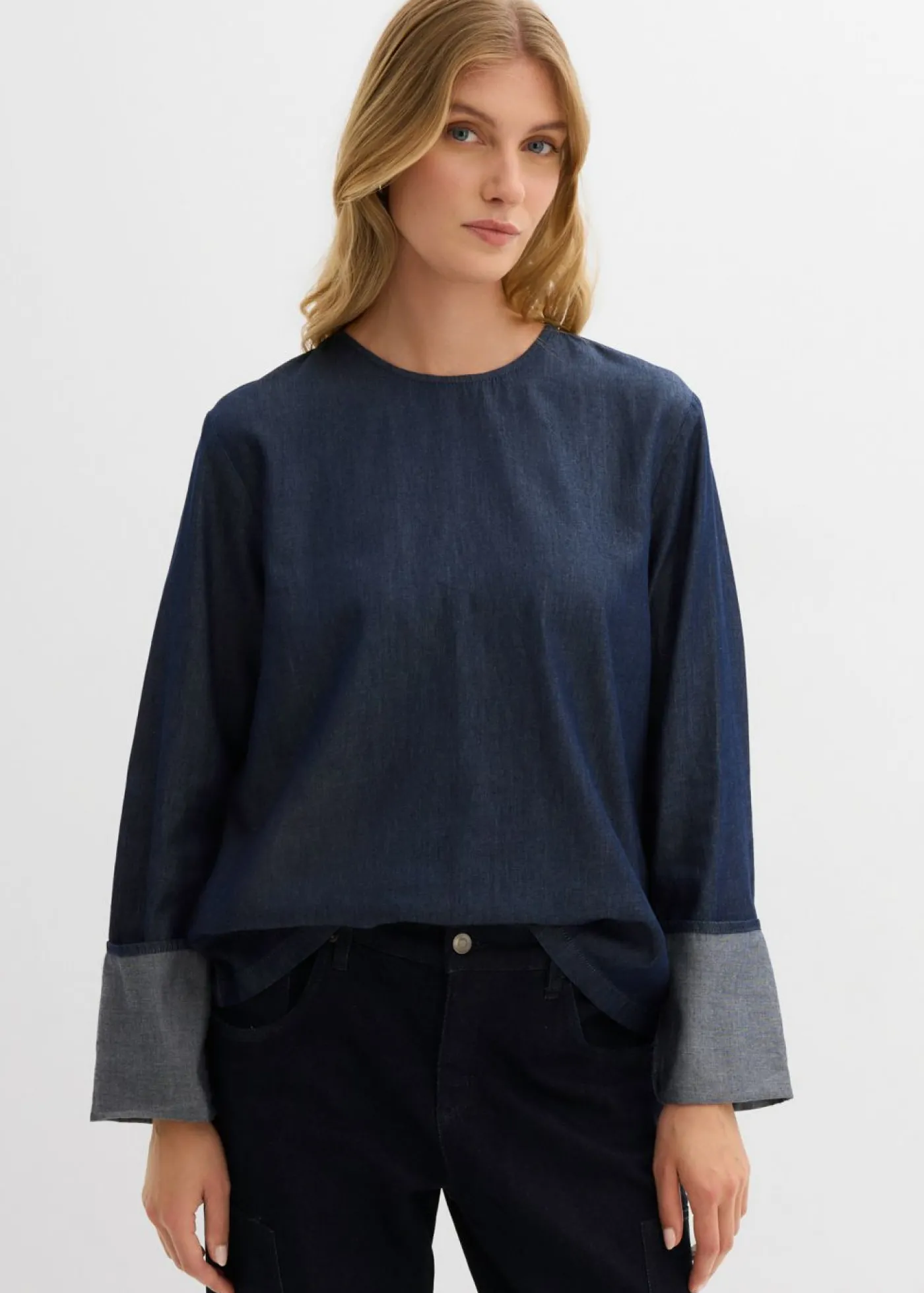 bonprix bonprix Blusa vaquera con mangas anchas Azul oscuro denim Sale