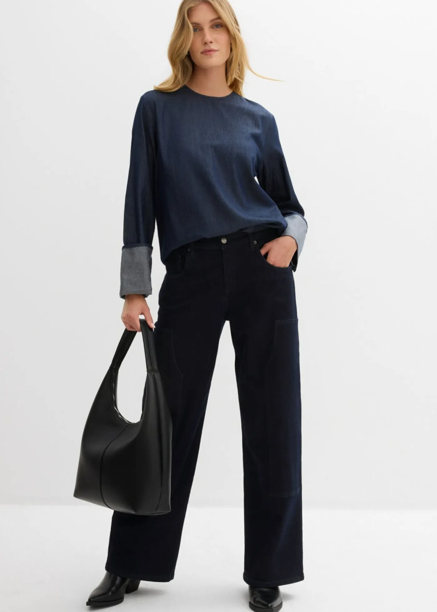 bonprix bonprix Blusa vaquera con mangas anchas Azul oscuro denim Sale