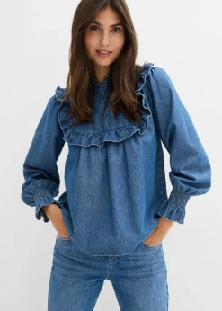 bonprix bonprix Blusa vaquera con volantes Azul piedra usado