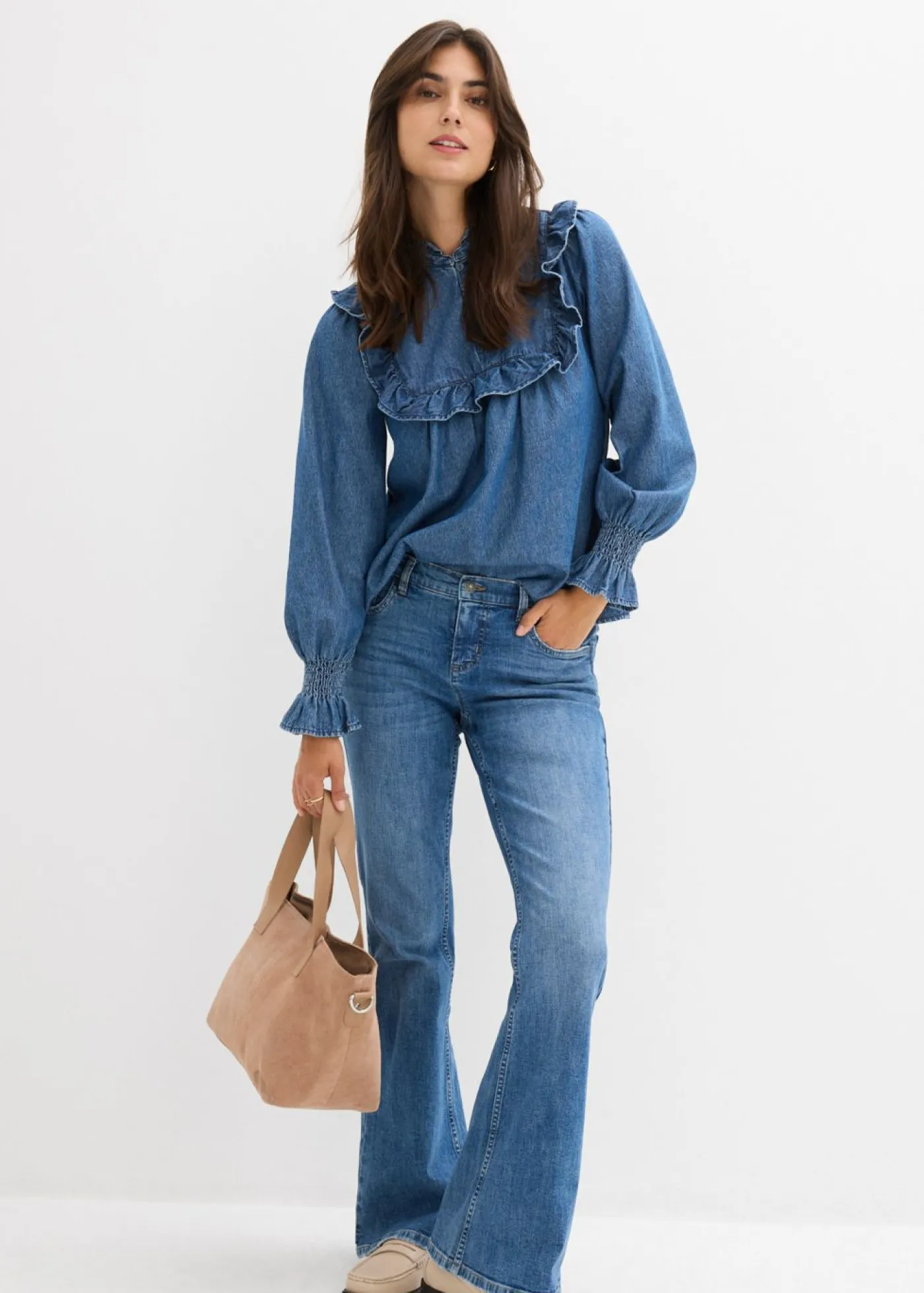 bonprix bonprix Blusa vaquera con volantes Azul piedra usado
