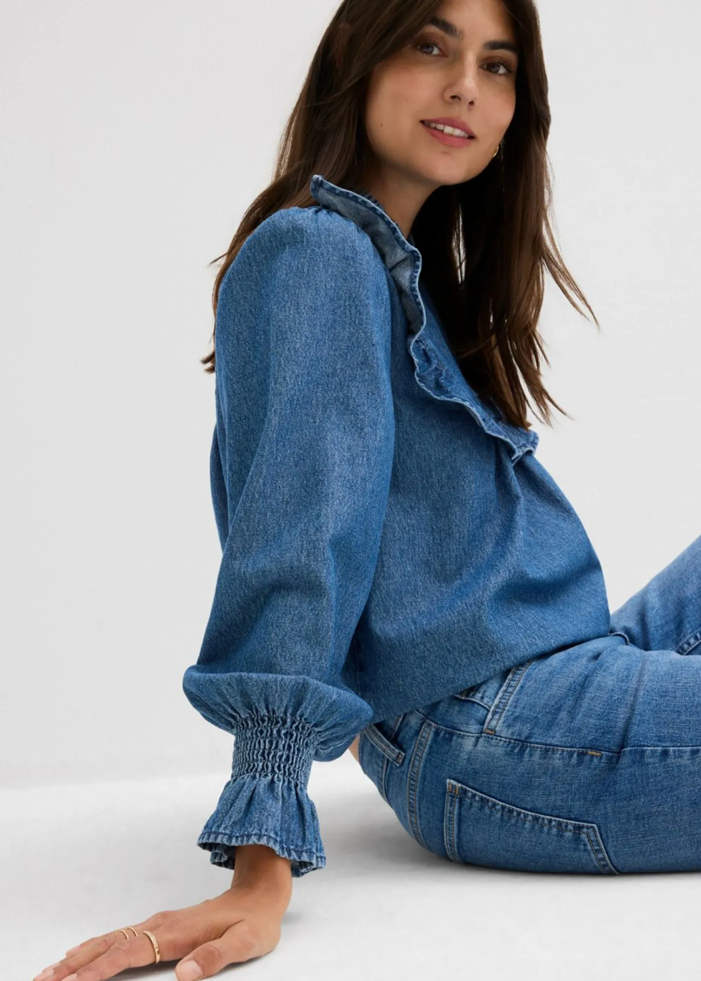 bonprix bonprix Blusa vaquera con volantes Azul piedra usado