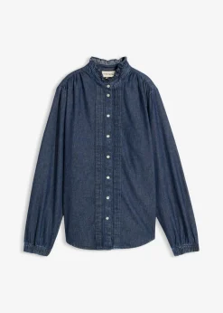 bonprix bonprix Blusa vaquera de algodón orgánico con volantes azul oscuro denim usado Outlet