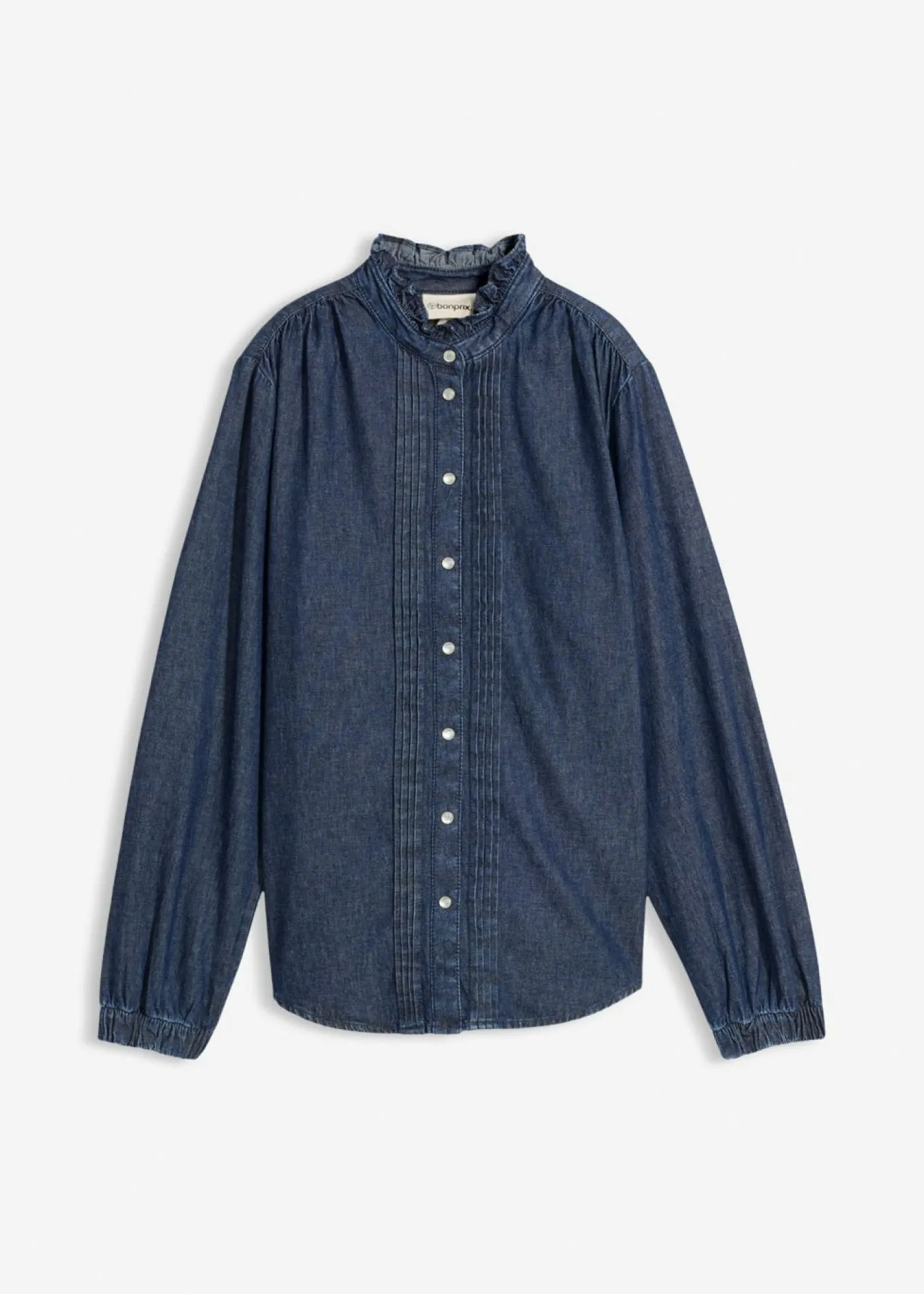 bonprix bonprix Blusa vaquera de algodón orgánico con volantes azul oscuro denim usado Outlet