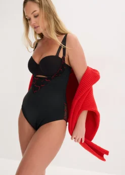 bonprix bonprix Body con ligero efecto moldeador y encaje Negro-rojo salsa Sale