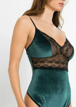 bonprix VENUS Body de terciopelo con abertura Esmeralda-negro Best