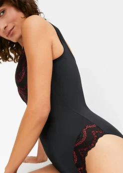 bonprix bonprix Body decorado con efecto moldeador medio Negro-rojo salsa Outlet