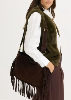 bonprix bonprix Bolso de mano de cuero Marrón oscuro Sale