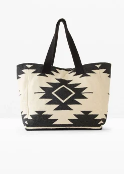 bonprix bonprix Bolso shopper de lona Beige natural/negro con estampado gráfico Online