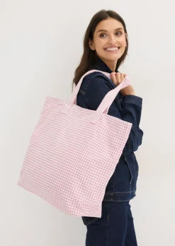 bonprix bonprix Bolso tipo shopper de lona con estampado de cuadros vichy malva-blanco lana a cuadros Hot