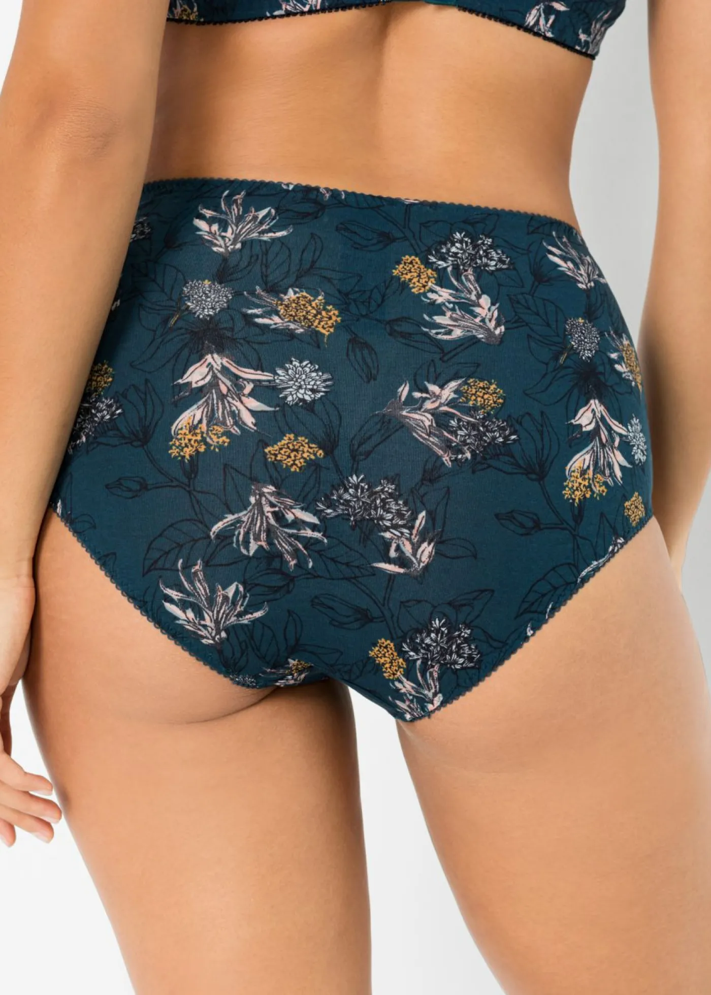 bonprix bonprix Braga de talle alto con algodón orgánico (4 unidades) Azul petróleo de flores + azul petróleo oscuro + azul ahumado Sale