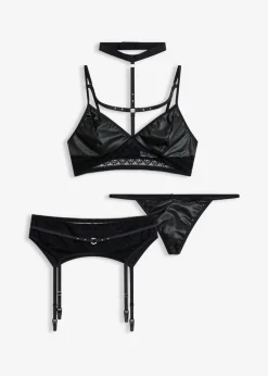 bonprix VENUS Bralette + tanga + sujetador con tirantes con efecto mojado (3 piezas) Negro Hot