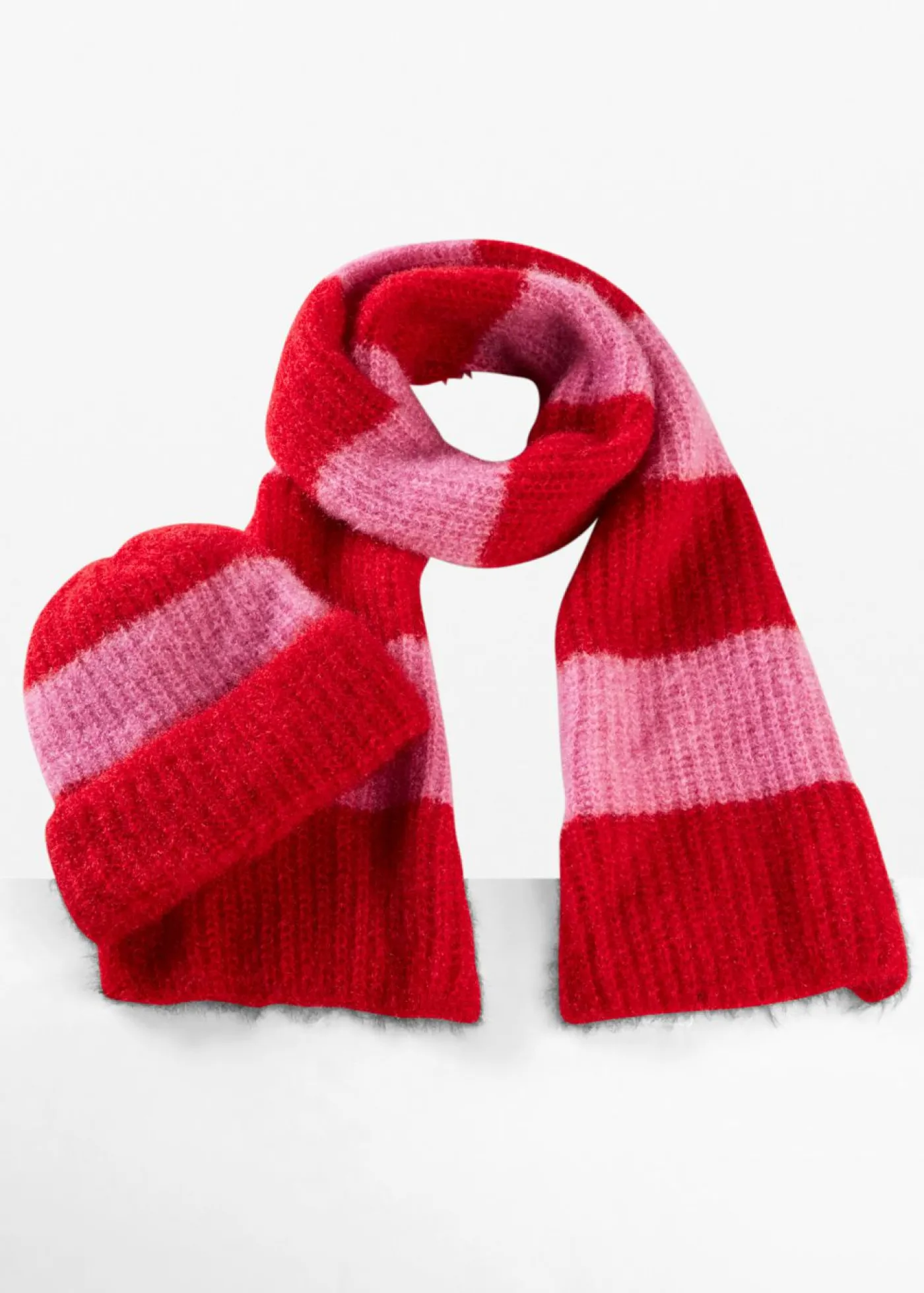 bonprix bonprix Bufanda y gorro (2 piezas) rojo salsa-rosa fucsia con rayas Clearance