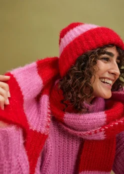 bonprix bonprix Bufanda y gorro (2 piezas) rojo salsa-rosa fucsia con rayas Clearance