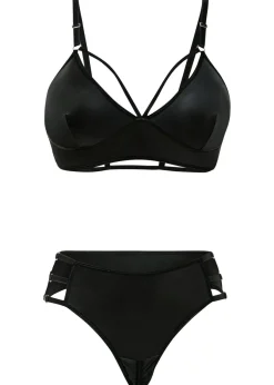bonprix VENUS Bustier y tanga con abertura y efecto mojado (2 piezas) Negro Hot
