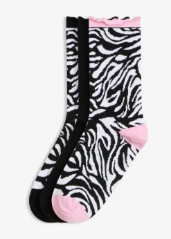 bonprix bonprix Calcetines de algodón orgánico (3 pares) Negro + rosa orquídea con estampado de cebra + negro con estampado de cebra Clearance