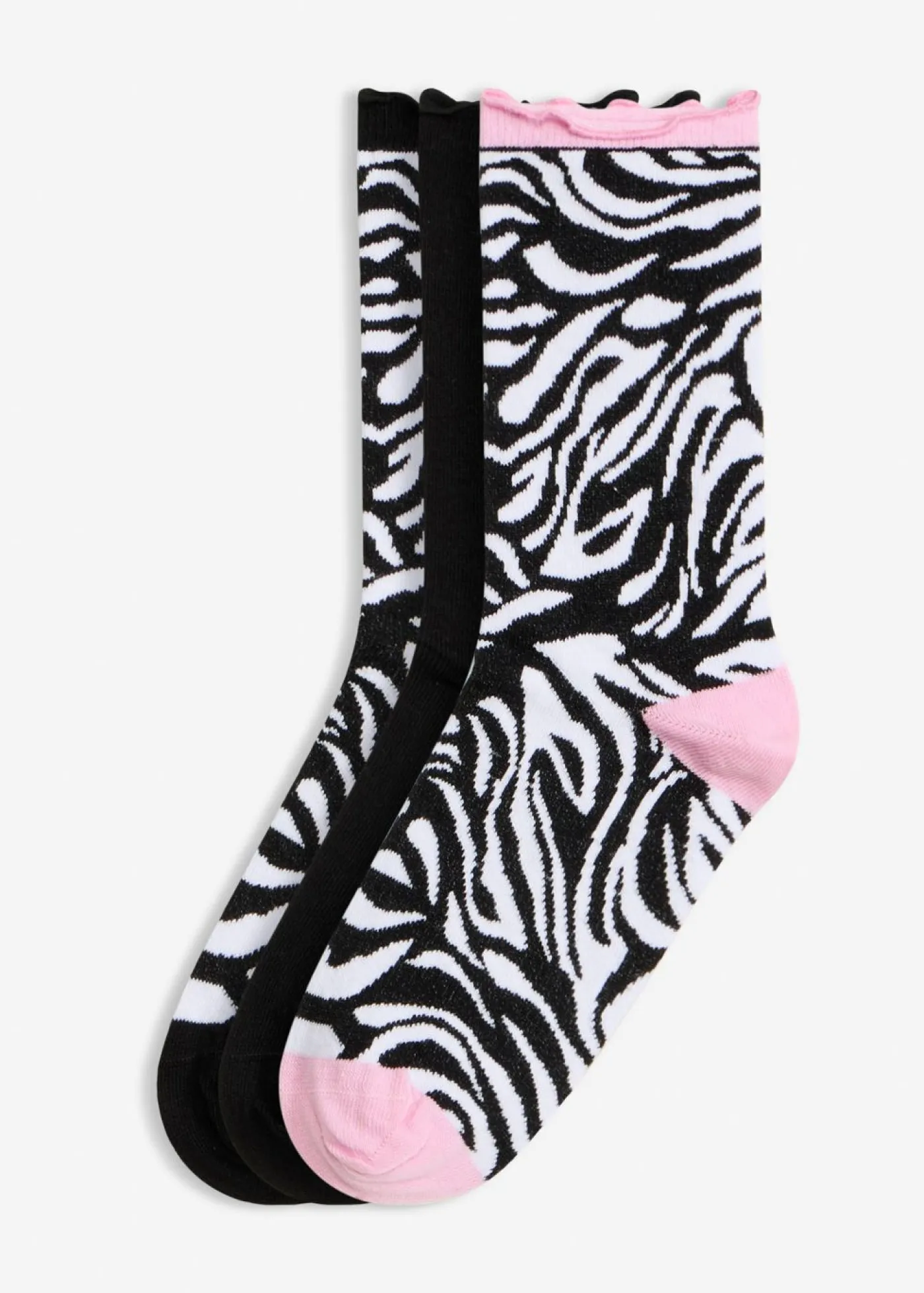 bonprix bonprix Calcetines de algodón orgánico (3 pares) Negro + rosa orquídea con estampado de cebra + negro con estampado de cebra Clearance