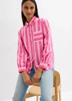 bonprix bonprix Camisa de algodón orgánico puro Pink lady-rosa rayas verticales Sale