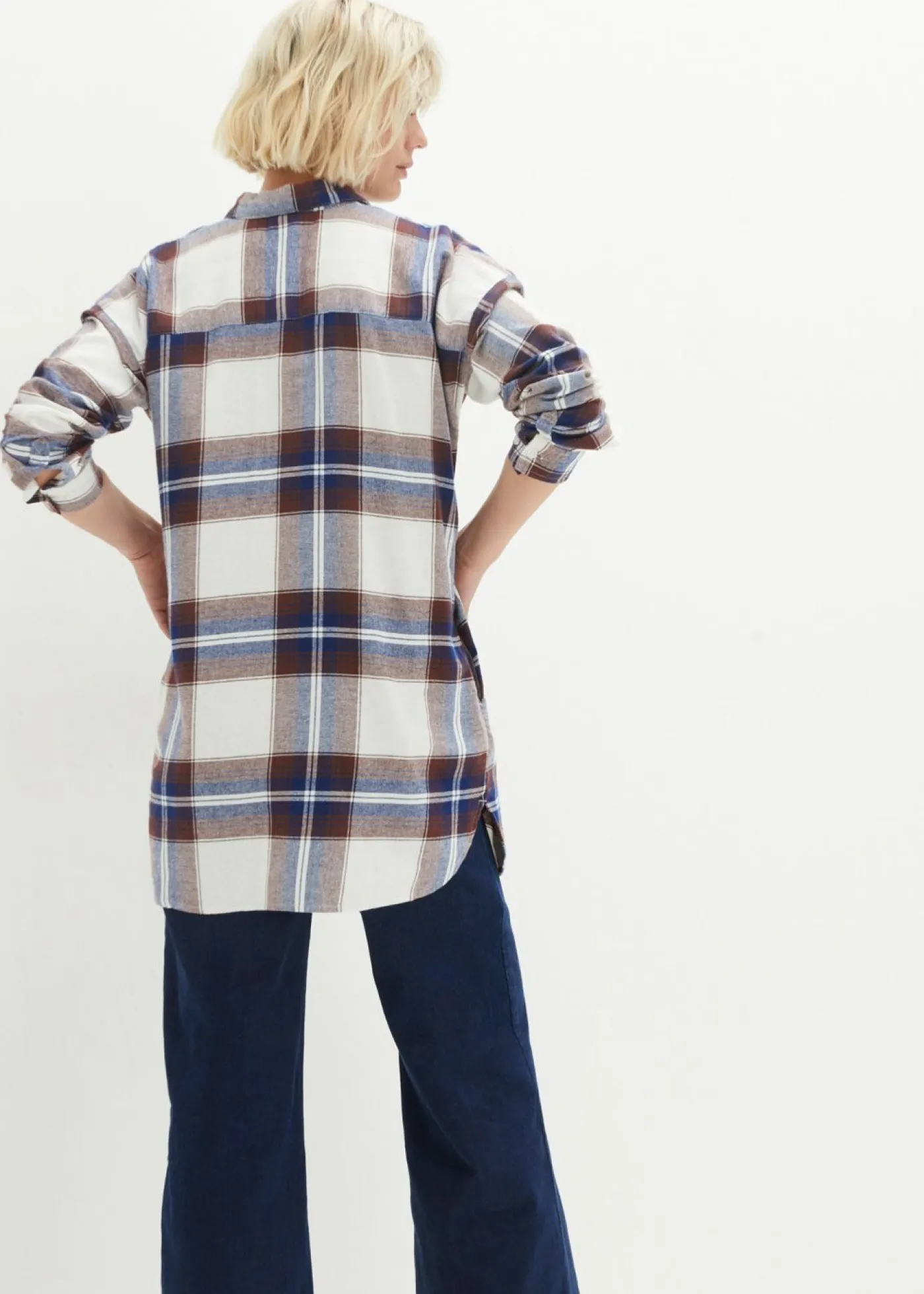 bonprix bonprix Camisa de franela de algodón puro azul marino a cuadros Sale