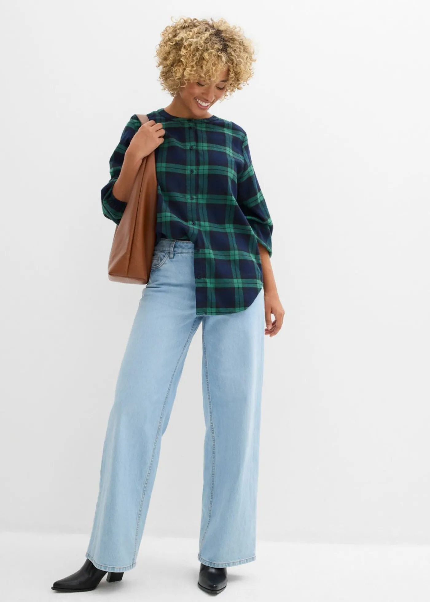 bonprix bonprix Camisa de franela de algodón puro azul marino-verde gema a cuadros Hot