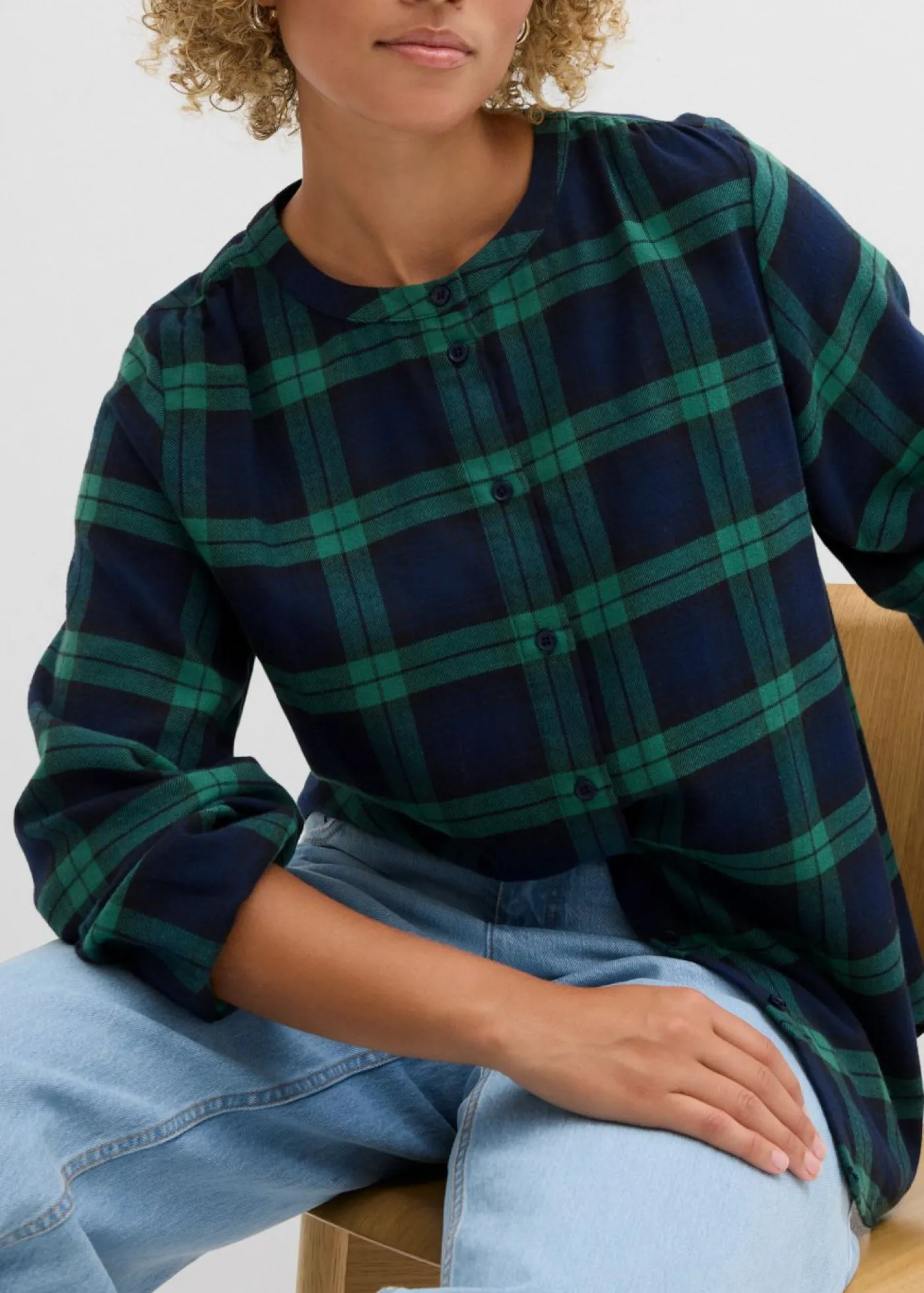 bonprix bonprix Camisa de franela de algodón puro azul marino-verde gema a cuadros Hot