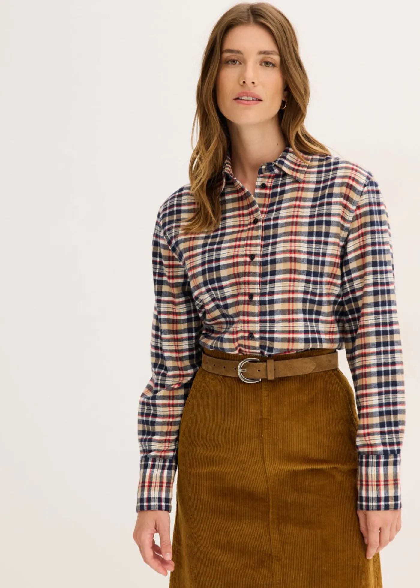 bonprix bonprix Camisa de franela de algodón puro blanco perla-azul tinta-caqui claro-rojo lava a cuadros New