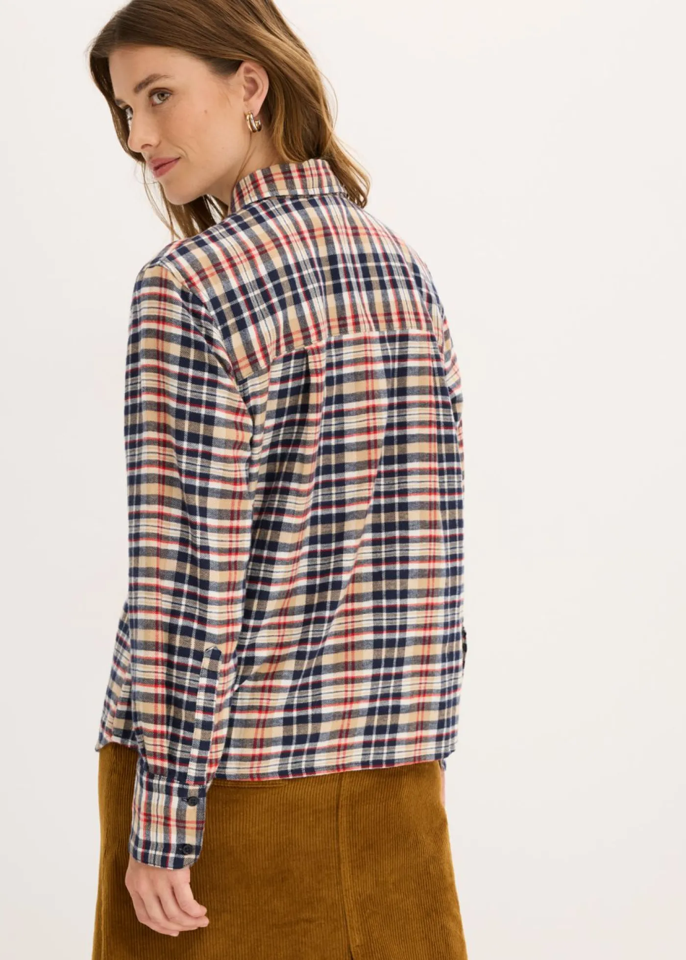 bonprix bonprix Camisa de franela de algodón puro blanco perla-azul tinta-caqui claro-rojo lava a cuadros New